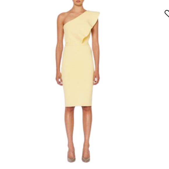 Scanlan Theodore crepe knit ruffle dress one shoulder lemon yellow spring summer - Picture 2 of 12